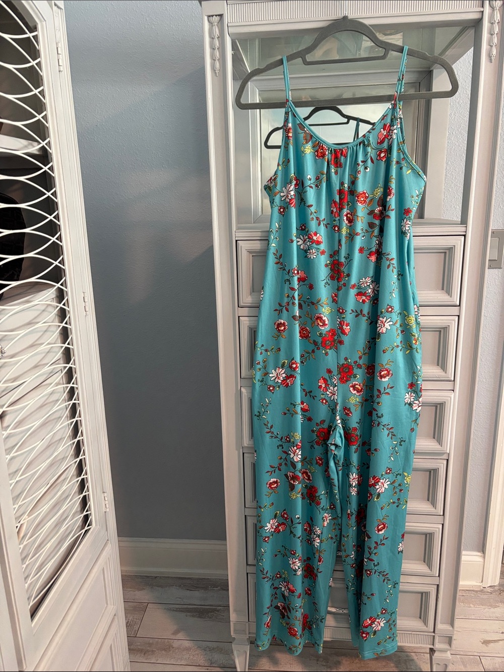 Teal Floral Spaghetti-Strap Jumpsuit